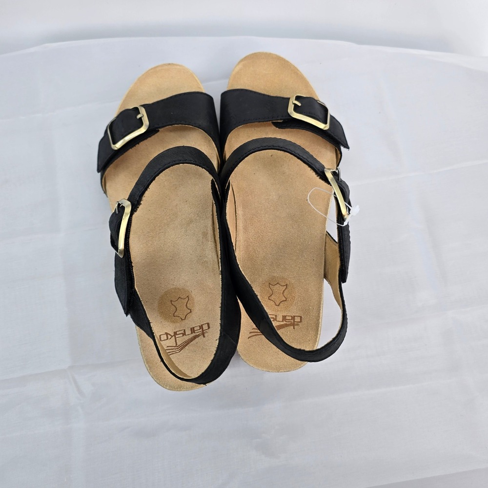 Dansko Black Leather Wedge Sandals Gold Buckle Slingback Wood Grain Heel Size 39 - Picture 3 of 9